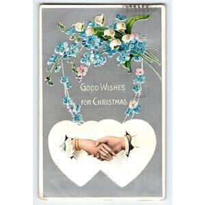 Vintage Christmas Postcard Two Hearts Handshake Floral Embossed